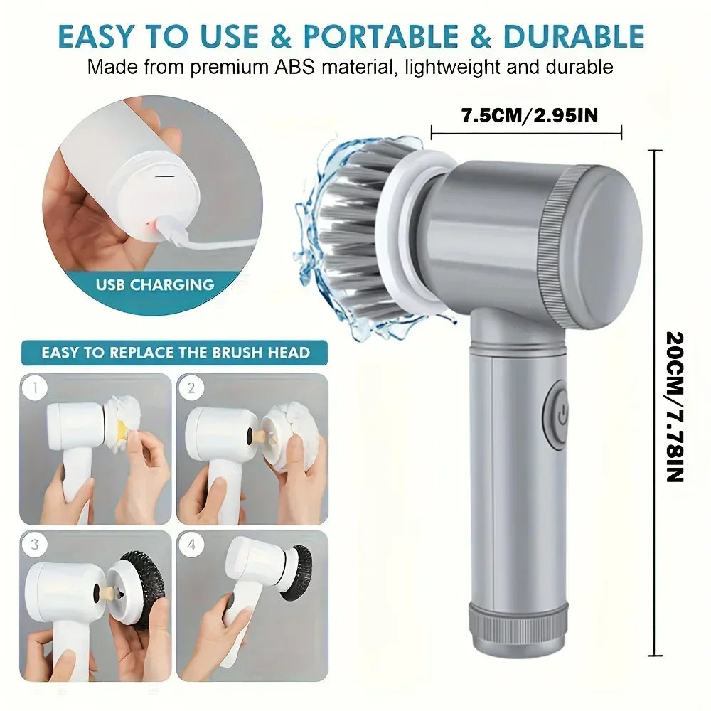 Cordless Electric Spin Scrubber for Kitchen Cleaning with 5 Interchangeable Brush Heads